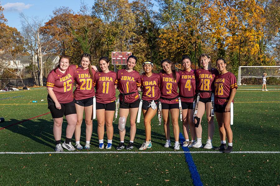 Iona University's Women's Club Flag Football team photo.