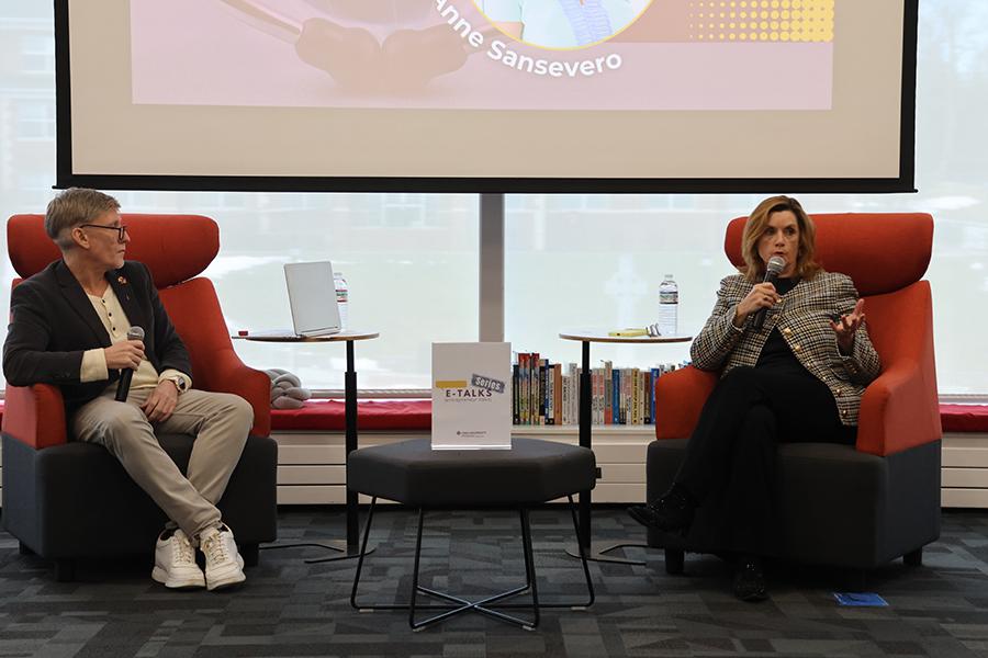 Jean Anne Menna-Cruz, hospice nurse and author, shares her professional journey with students during the Hynes Institute E-Talk series at Iona University.