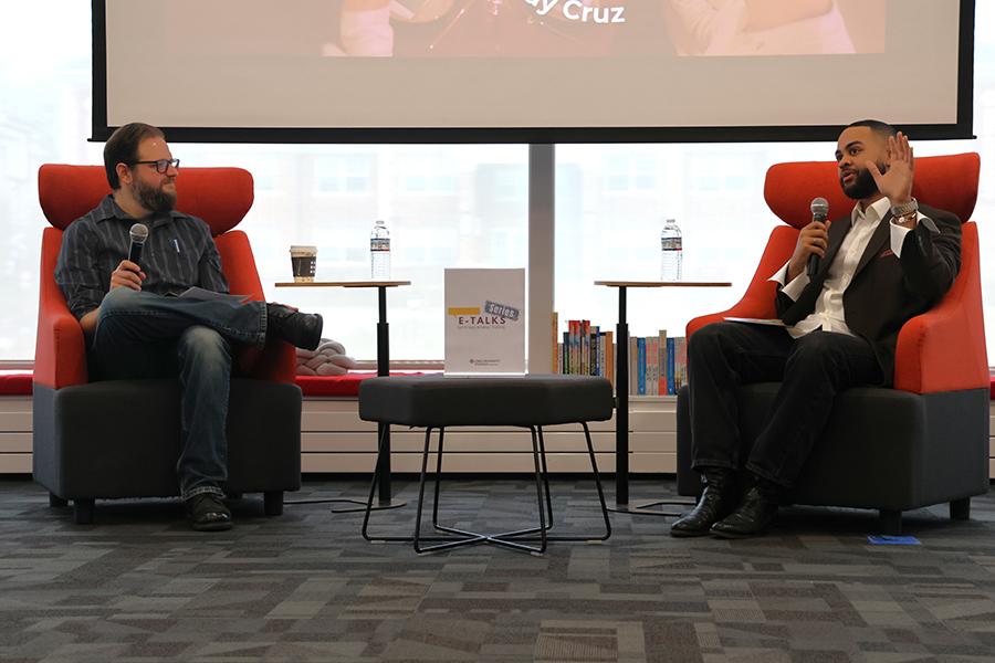 Eddy Cruz, founder of Nine26, speaks to a group of students during the Hynes Institute E-Talk series at Iona University.