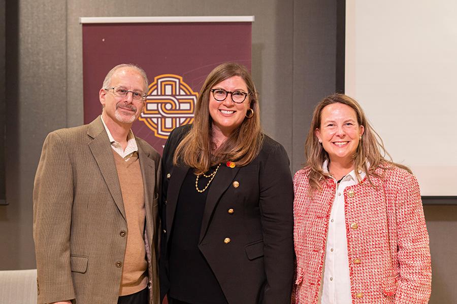 From left: John DeMelis, dean of the LaPenta School of Business, Ellen Jackowski, chief sustainability officer at Mastercard and Tricia Mulligan, Ph.D., provost and senior vice president for Academic Affairs.