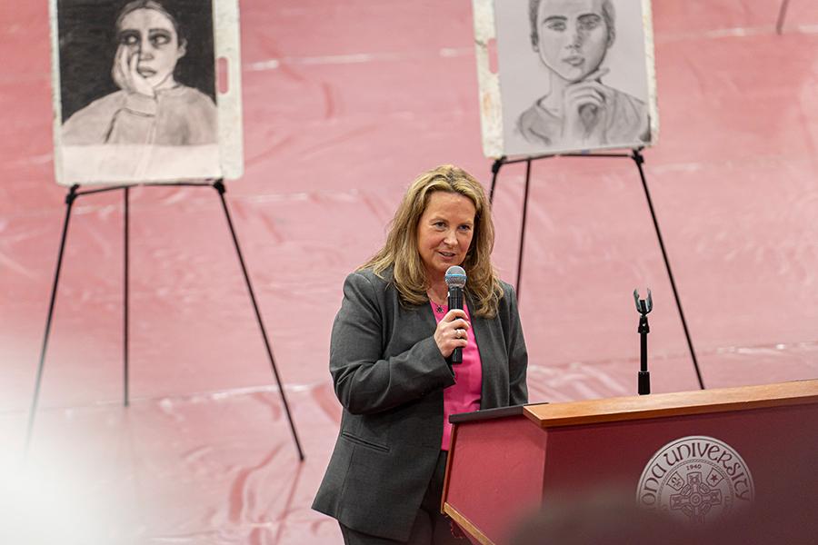 Tricia Mulligan speaking at the Iona Scholars Day.