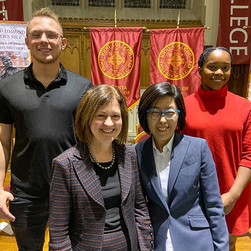 Iona University Students Inducted into Delta Epsilon Sigma National Scholastic Honor Society. Left to right, Jakub Korek ’20; Darcy M. Katris, Esq., ’82; Sunghee Lee, Ph.D.; and Lucia Antoine ’20.