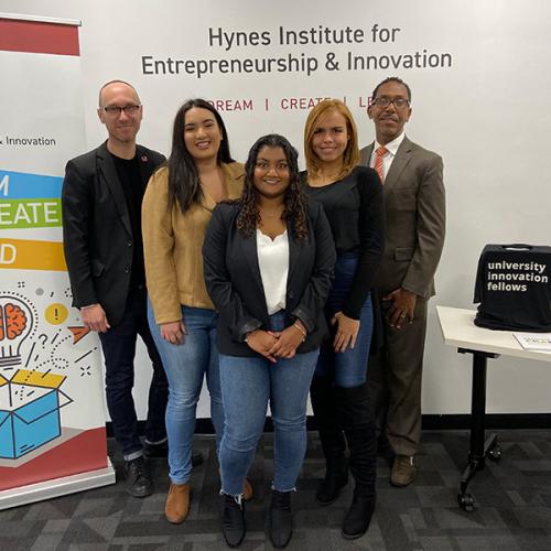 Christoph Winkler, Avery Burgos, Riana Khan, Lisbeth Baez, and Darrell P. Wheeler celebrate Iona Students Named University Innovation Fellows by Stanford University.