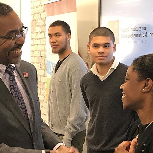 Dr. Wheeler congratulates the three students who won Stanford University Fellowships.