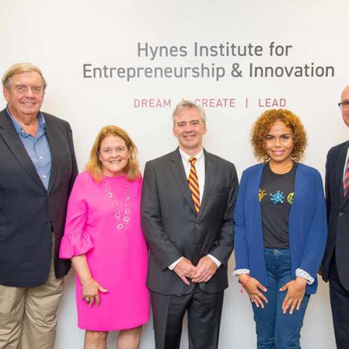 From left: James P. Hynes; Anne Marie Hynes; Iona University President Seamus Carey; Lisbeth Baez; and Christoph Winkler