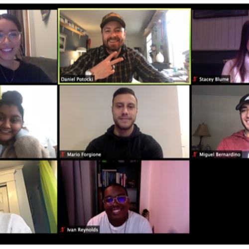 Eight people from the virtual incubator on a Zoom meeting.