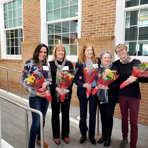 Left to right: Amy Torigian Parise ’03MST, Janice “Ghiorsi” Crowley ’76, Ruthanne “Mahoney” Boehmcke ’76, Sandie Capifali and Fran Clemente ’95.