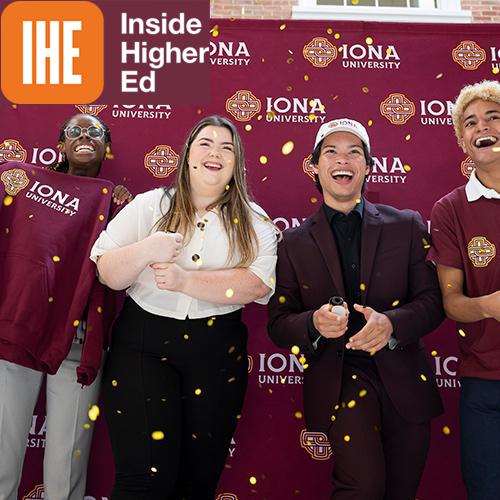 Students at the Iona University announcement in front of the step and repeat with Inside higher Ed logo.