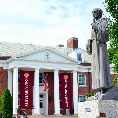 St. Columba statues and Iona University Banners.