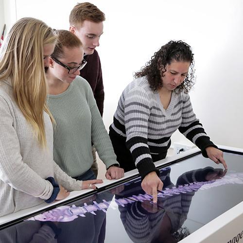 A biology professor works on the digital dissection table with students.