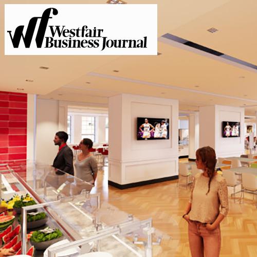 An artist's rendering of the new dining hall with the Westfair Business Journal logo.