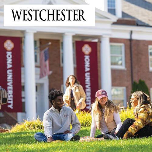 Students talk on the quad with the Westchester logo.
