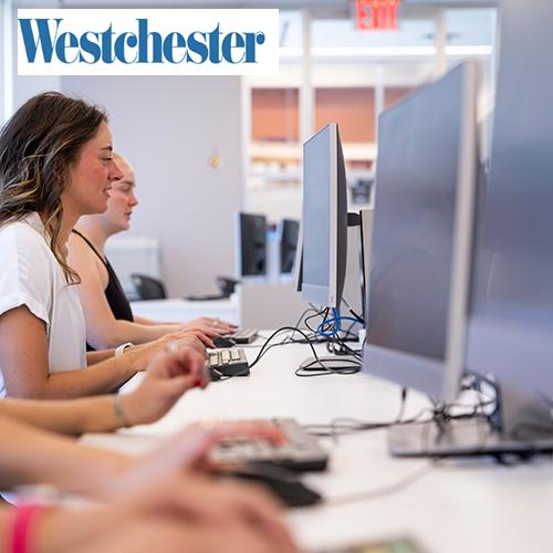 Students work in a computer lab. 