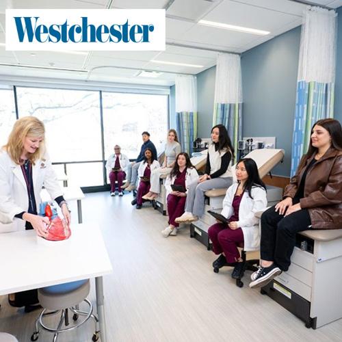 A nursing class at the Kelly Center with Westchester logo.