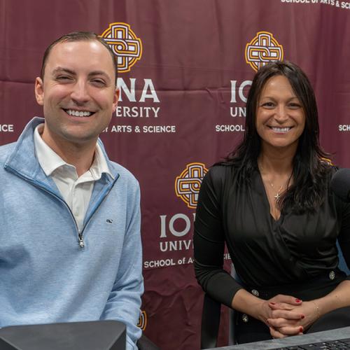 Victoria Bruno smiles alongside host Matt Ricker while seated at microphones during a recording session for the Iona University "On the Rise" podcast.
