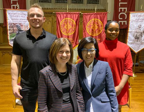 Iona University Students Inducted into Delta Epsilon Sigma National Scholastic Honor Society. Left to right, Jakub Korek ’20; Darcy M. Katris, Esq., ’82; Sunghee Lee, Ph.D.; and Lucia Antoine ’20.