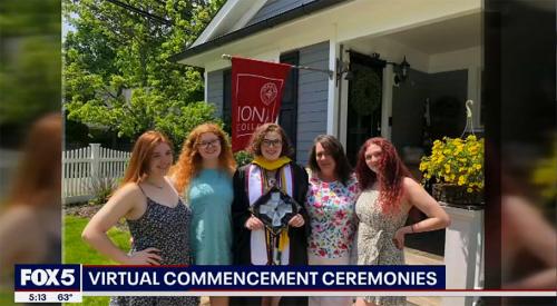 Fox 5 shows Hannah McGowan standing with her family outside of their house to celebrate Iona's 2020 Virtual Commencement.