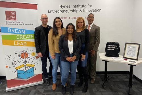 Christoph Winkler, Avery Burgos, Riana Khan, Lisbeth Baez, and Darrell P. Wheeler celebrate Iona Students Named University Innovation Fellows by Stanford University.