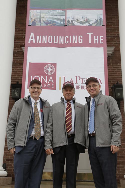 Dean Lamb, Robert LaPenta and past president Nyre at the announcement ceremony for the LaPenta School of Business.