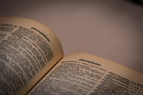 A dictionary lays open on a table.