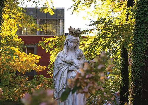 A statue of the Mother Mary holding Jesus is surrounded by trees.