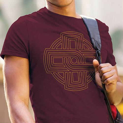 A t-shirt with the outline of the Iona University logo on it.