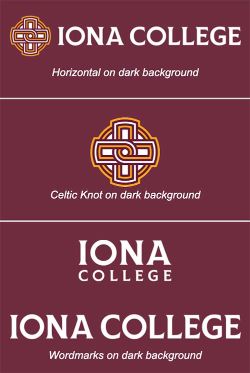 Alternative Iona logos on a maroon background.