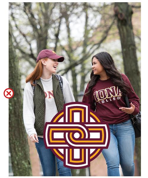 Two students walk on campus with the Iona College Celtic knot icon in the center of the picture.