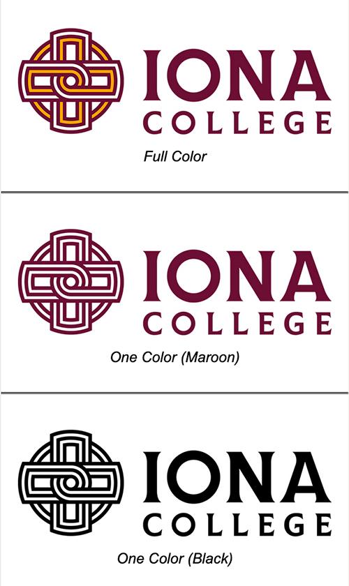 The Iona College logo in full color, in maroon, and in black.