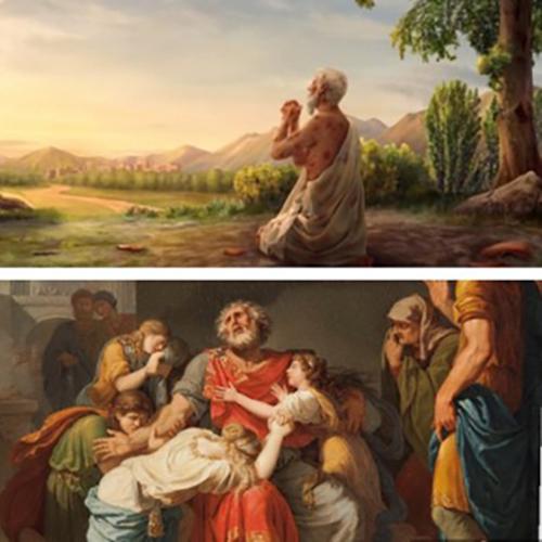 An image of two works of art. The top image is a picture of the biblical figure Job on his knees. The bottom image is a depiction of a scene from Oedipus Rex.