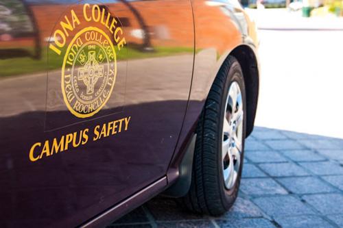 A close-up of the Iona College Campus Safety car.