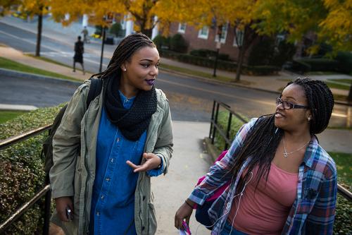 Two students walk up a set of stairs while chatting on campus.