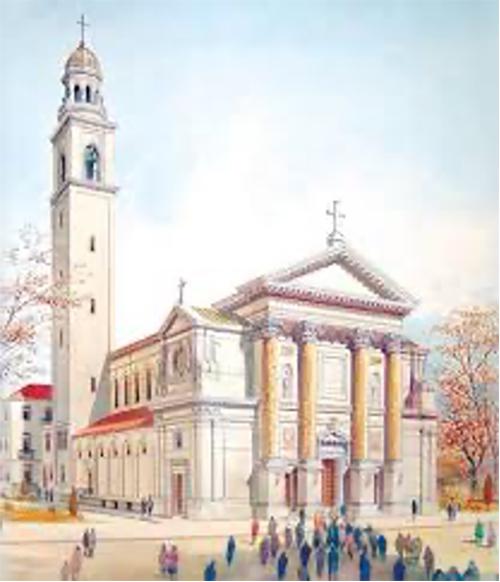 A pastel painting of the Church of Our Lady of Mount Carmel.