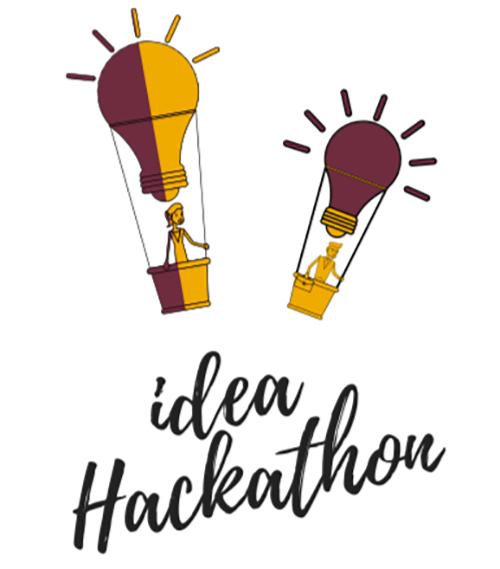 A cartoon of two hot air balloons which are also lightbulbs with the words Idea Hackathon written underneath.