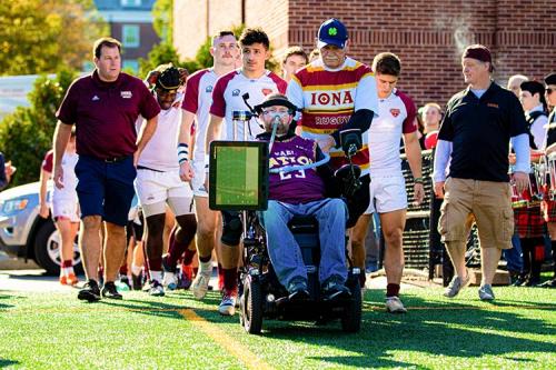 Patrick Quinn'06 leads the Iona Rugby team onto Mazzella Field