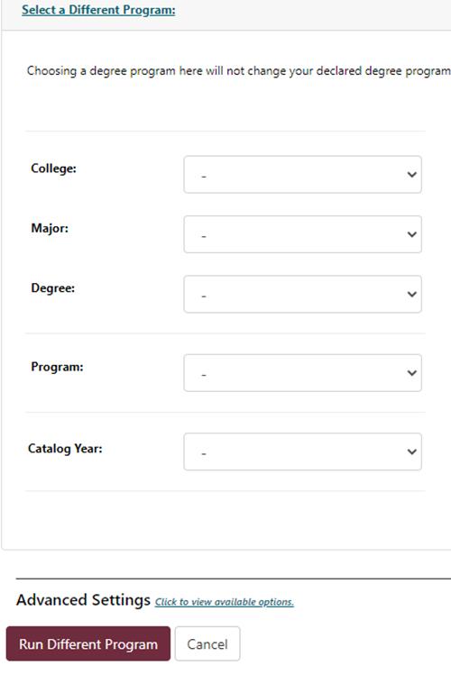The fields for the different program option are college, major, degree, program and catalog year.