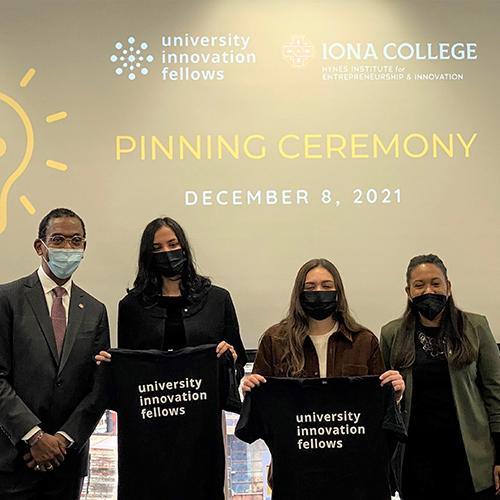 Dr. Darrell P. Wheeler,  Aishani Nalla ’23MS, Leah Figueroa ’23 and Lendynette Pacheco-Jorge at the pinning ceremony.