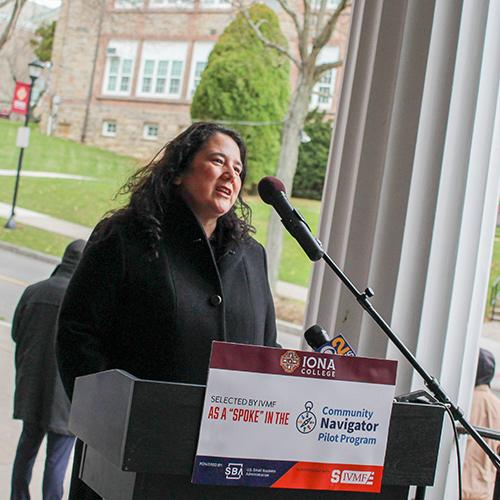 Isabella Guzman speaks at Iona University.