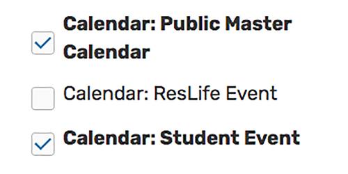 25Live public master and student event calendars.