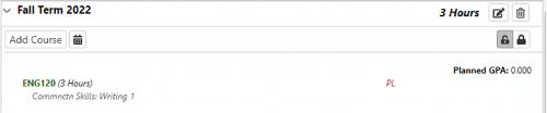 To add a course to the plan, you can drag the course from the audit into the term you are advising the student to take the course in. In this case, ENG120 was added to student’s Fall 2022 term.*