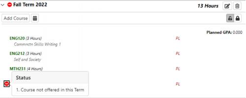 If a course is added to a specific term and it shows up red, an indicator will show reasons for course not being viable.