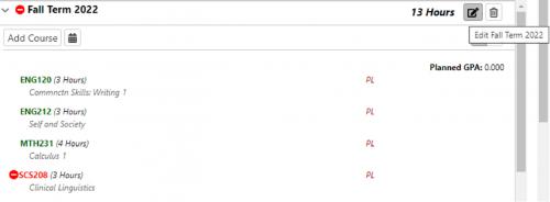 You can choose to remove the course from the term or move it to a future term. To delete a course from a term, click the pen and paper icon next to the trash bin.