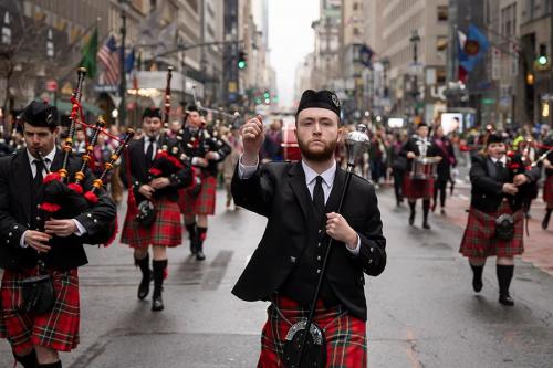 The Iona pipe band marches in the St. Patrick's Day parade.