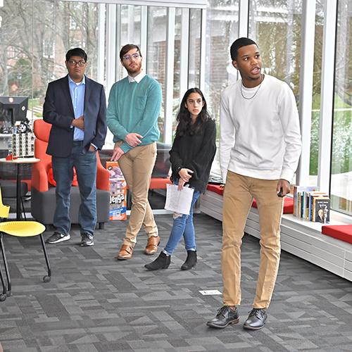 Jordan Hill, an Iona University senior, speaks during a presentation to the Yonkers Housing Authority and the Business Council of Westchester.