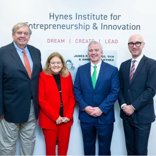 James P. Hynes ’69, ’01H; Anne Marie Hynes, Esq.; Iona University President Seamus Carey, Ph.D.; and Dr. Christoph Winkler, endowed professor and founding program director. 