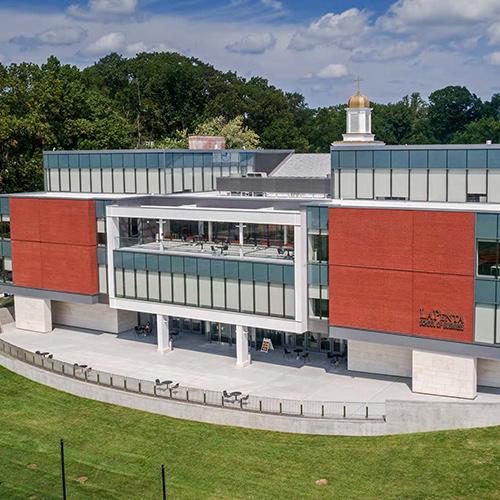 An aerial shot of the LaPenta School of Business.