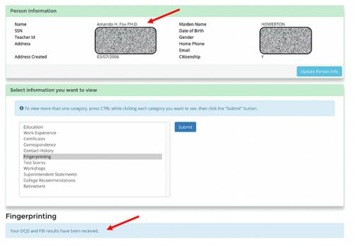 A screenshot of the fingerprinting process for education teachers.