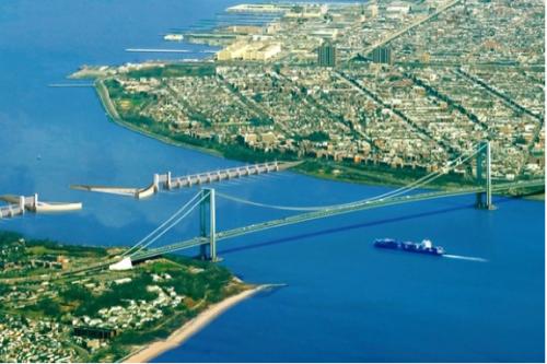 Artist's rendition of a storm surge barrier on the coast of a city.