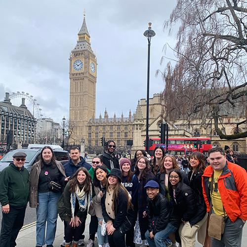 Students in London with Big Ben in the background.