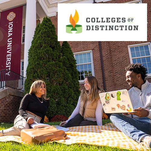 Three students sit outside McSpedon hall and the Colleges of Distinction logo.